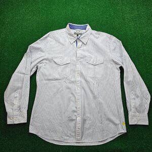 Express Shirt Mens XL 17-17.5‎ White Blue Pin Striped Button Up Long Sleeve